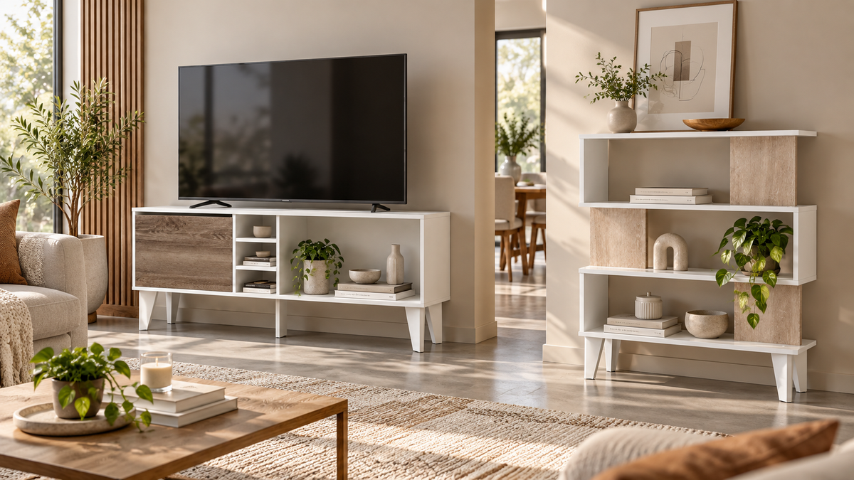 Living con rack y arrimo en tonos madera y blanco